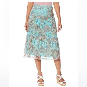 Nina Leonard Women's MIDI Skirt Printed Power Mesh Tiered Skirt